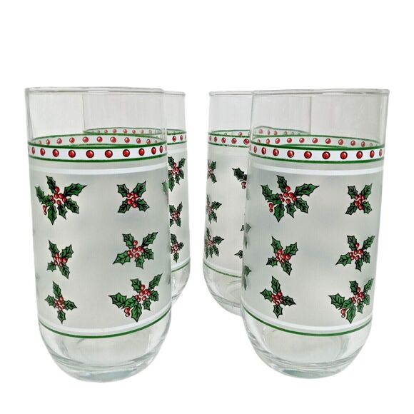 🎄🎅🏼Vintage Frosted Christmas Holly Glasses (Set of 4) Libbey - Picture 2 of 10